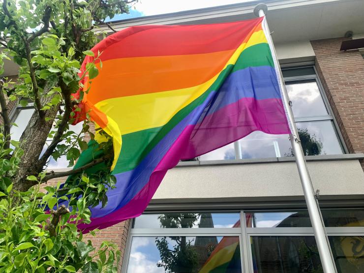 De regenboogvlag aan het gemeentehuis van Rotselaar