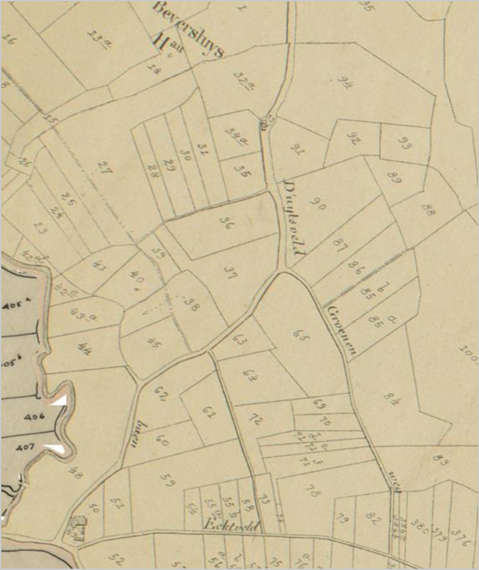 De vroegere Duitsveldbaan en de Groeneweg op de Popp-kaart (1860).