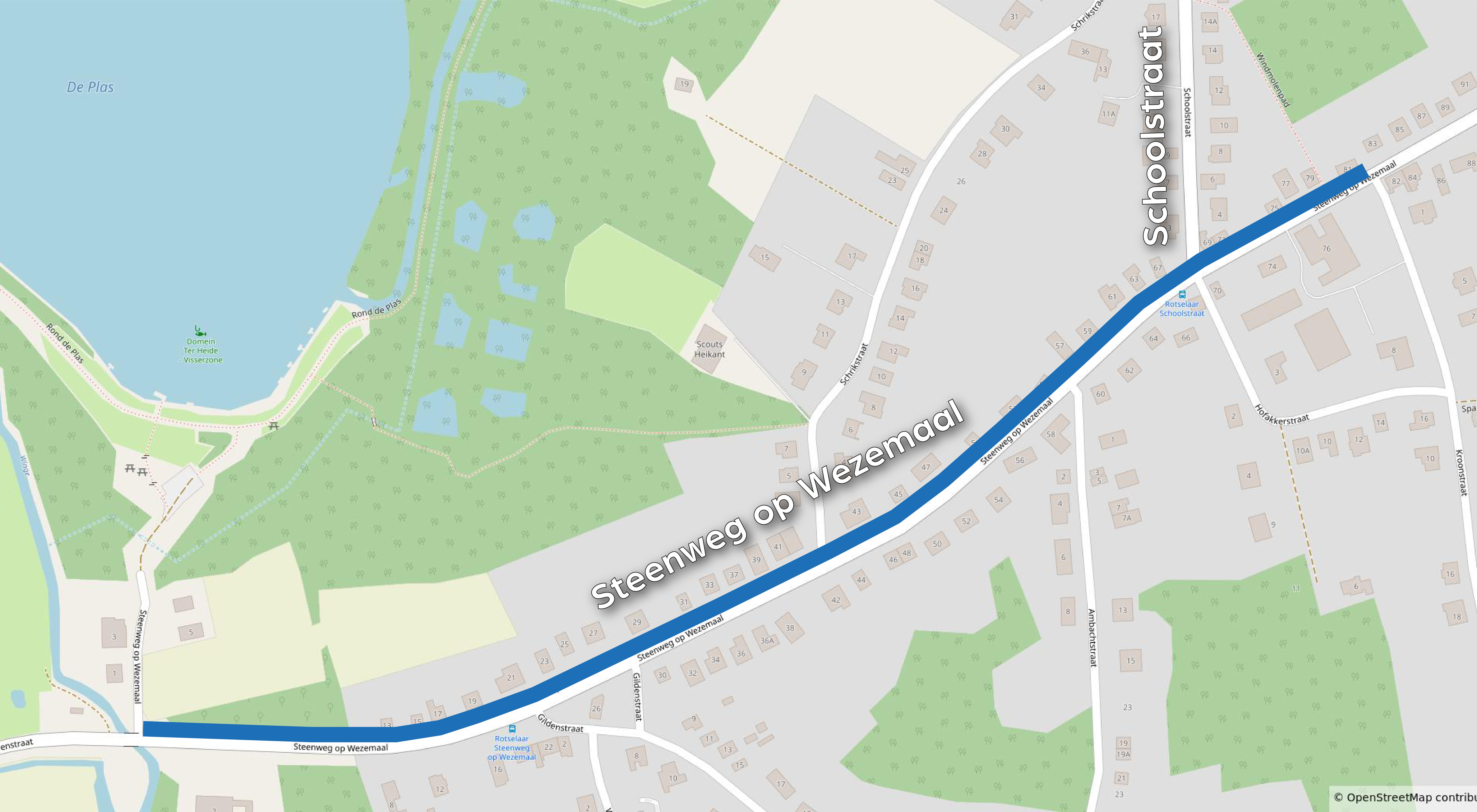 Werfzone voor nutsleidingen in Steenweg op Wezemaal, van Kroonstraat tot brug over Winge.
