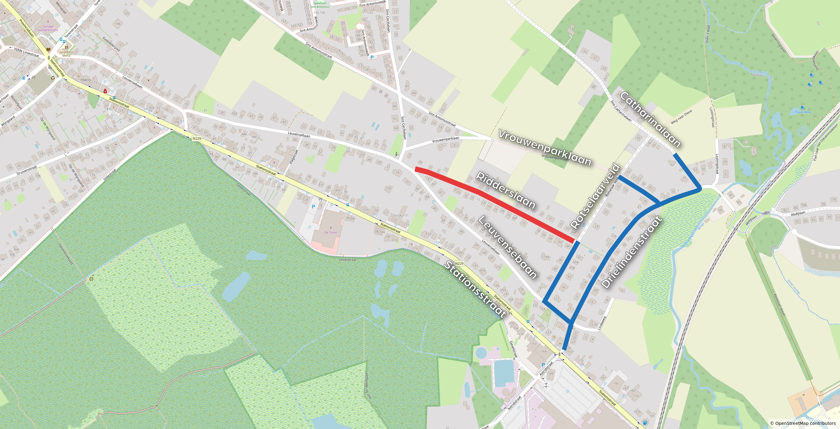Kaartje nutswerken Ridderslaan en Drielindenstraat.