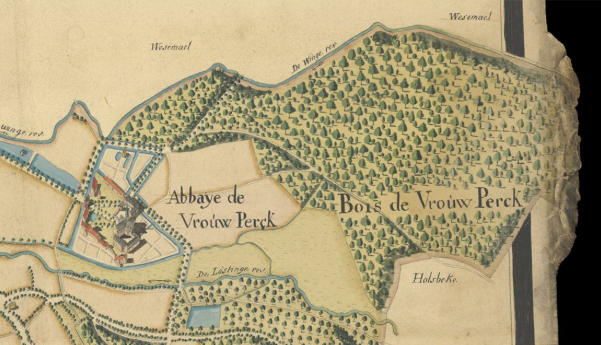 Het deel van het Kloosterbos (Bois de Vrouw Perck) onder Rotselaar, op een kaart uit 1767.