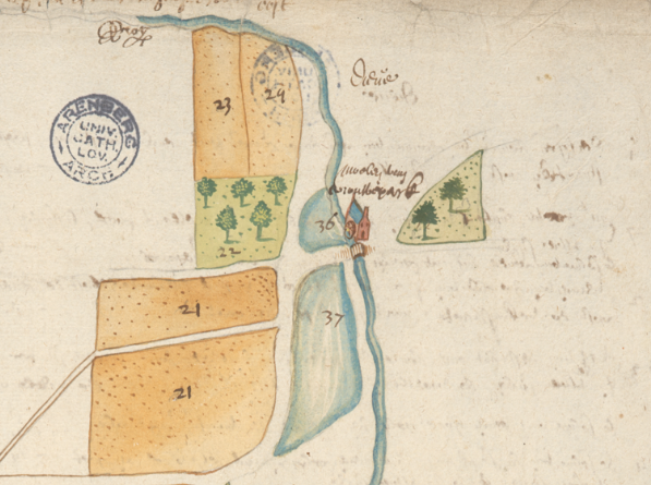 Een historische kaart met de watermolen van Vrouwenpark aan de Winge in Dieve in 1596-1598.