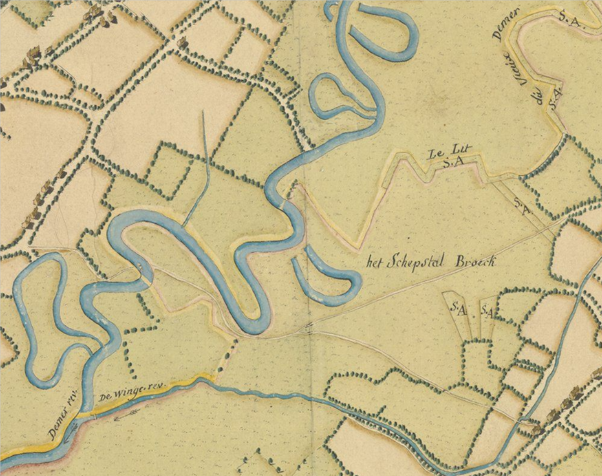 Het ‘Schepstal Broeck’ op een kaart uit 1767, tussen de Winge en de verlande Oude Demerbedding.