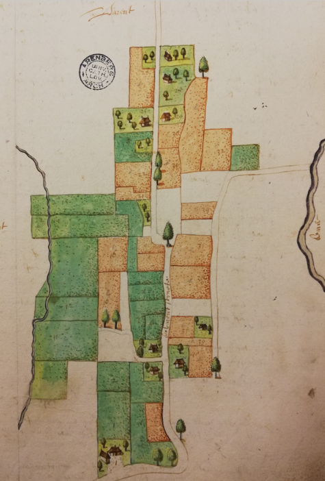 Het gehucht Varent in 1596-1598. Rechts, een stukje van de Demer.
