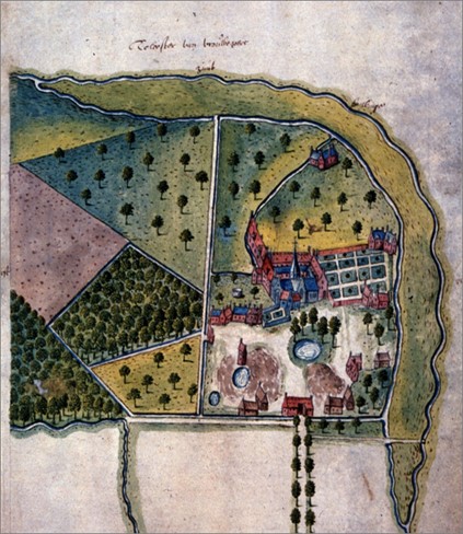 Vrouwenpark in 1596-1598 (het zuiden ligt boven).