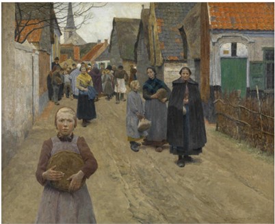 Schilderij 'Brooduitdeling in het dorp' van Frans Van Leemputten uit 1892.