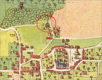 De Sint-Jobskapel op een kopie van een figuratieve kaart van Wezemaal, 1595-1598.