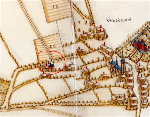 De Sint-Jobskapel op een kaart van Wezemaal van c. 1660 uit het Kaartboek van de abdij van Averbode.