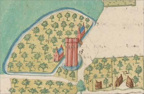 Het Hof en de donjon Ter Heide in 1596-1598.