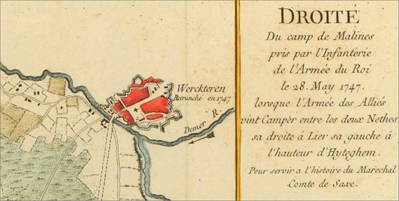Het bruggenhoofd van Werchter, omgeven door een droge gracht en wal in zigzagpatroon, op een Franse militaire kaart uit 1749.