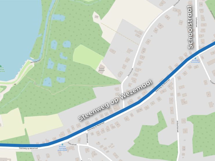 Werfzone voor nutsleidingen in Steenweg op Wezemaal, van Kroonstraat tot brug over Winge.