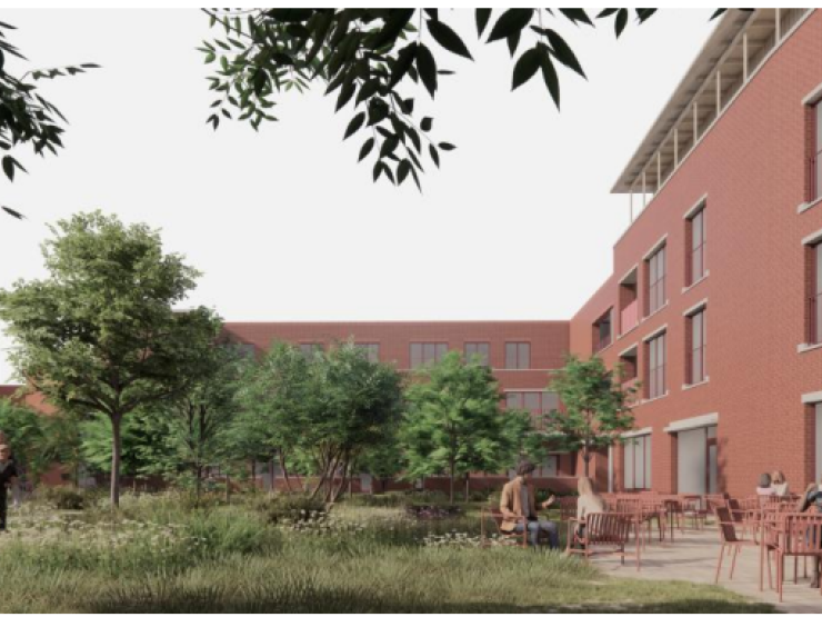 Een render van het centrale groenplein in Rotselaar-Centrum